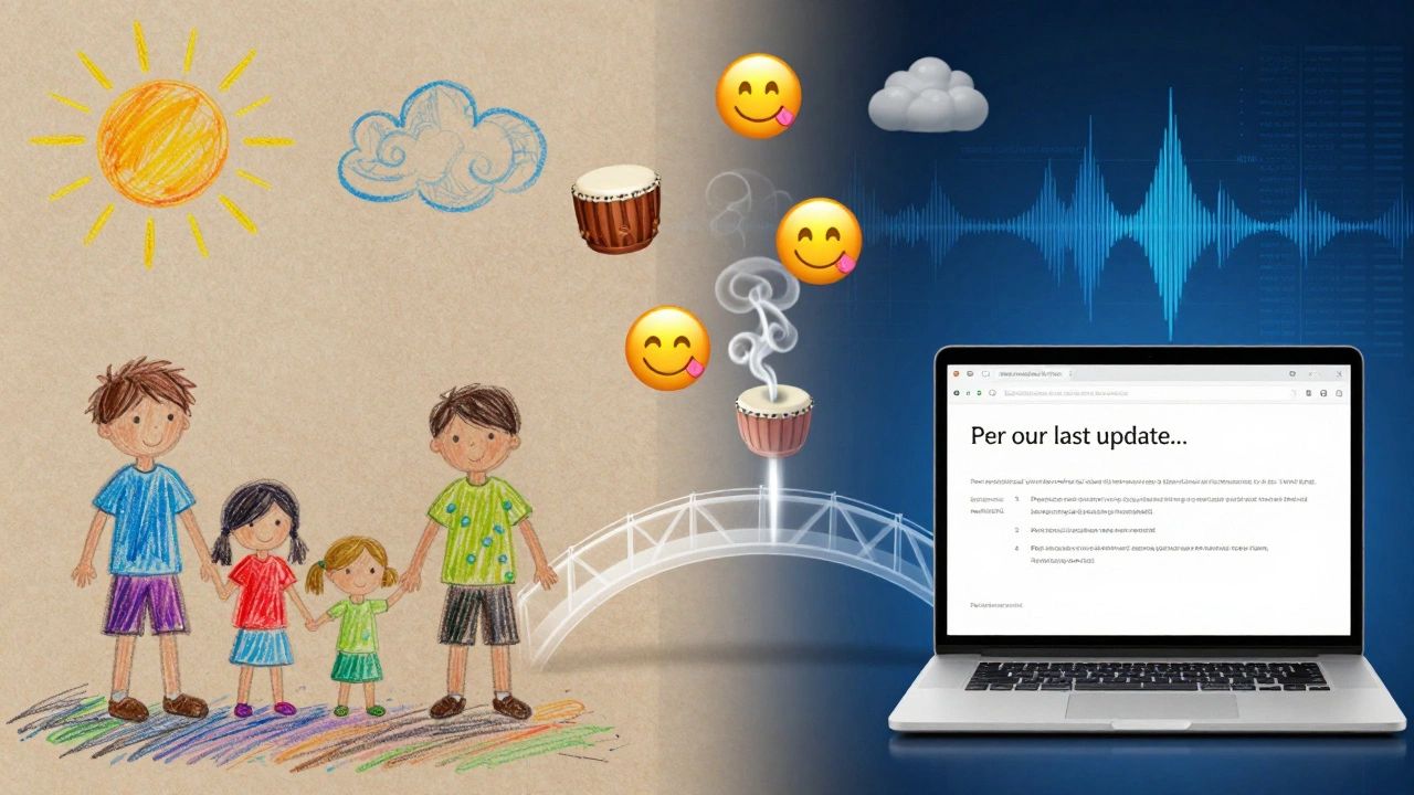 A child&#039;s drawing and a corporate email connected by floating emojis and ancient communication symbols.