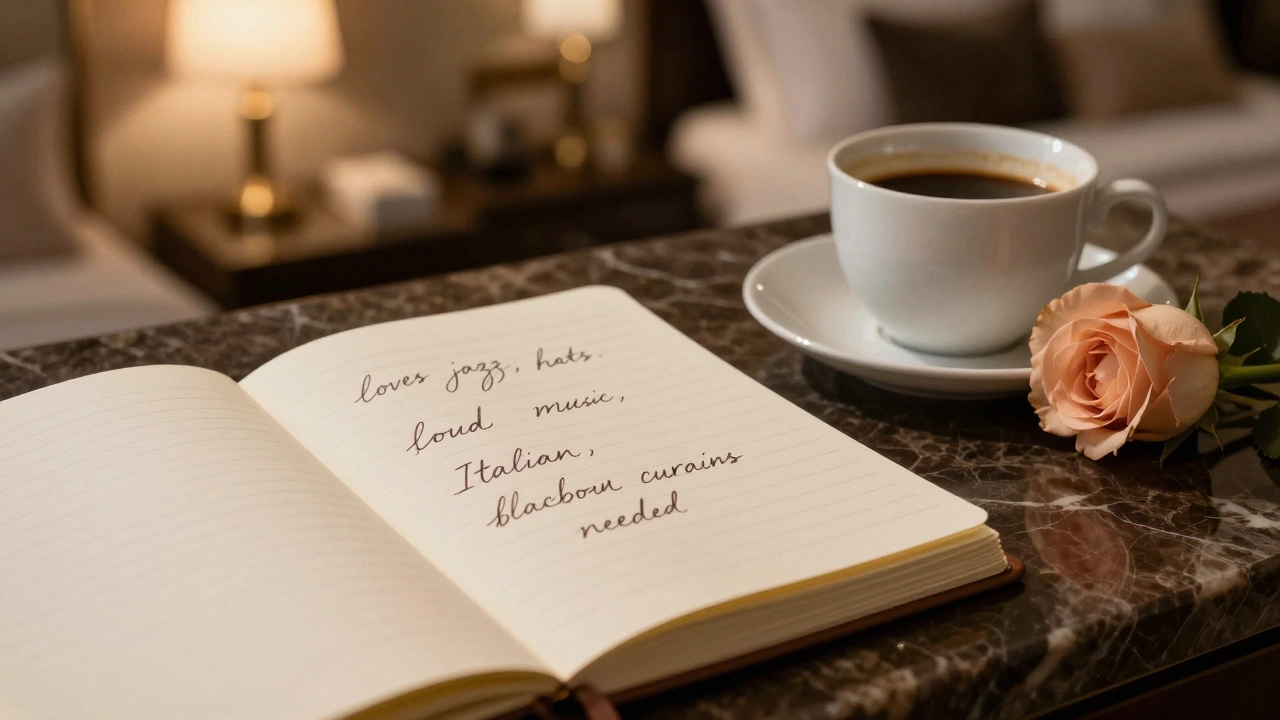 A handwritten notebook with personalized client preferences beside a coffee cup and rose.