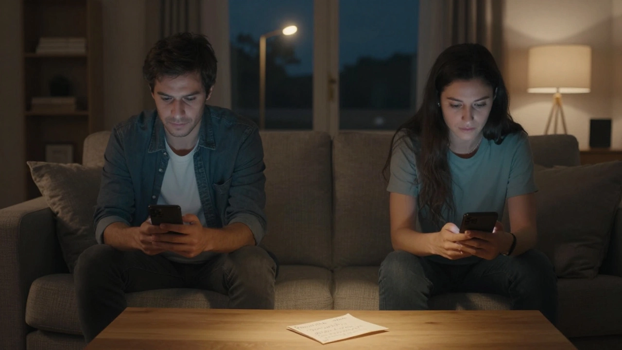 Two people on a sofa, distracted by phones, with a handwritten letter untouched between them.